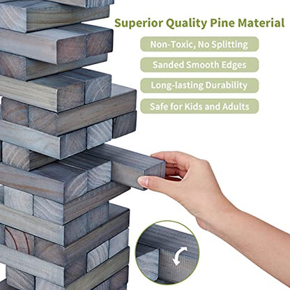 ApudArmis Giant Tumble Tower Stack to Over 5Ft, 56 PCS Pine Wooden Stacking Timber Game with 1 Dice Set - Classic Block Giant Outdoor Game (7.48 * 2.48 * 1.5 in Each Block, Gray) - color: Gray, size: XL-Over 5FT