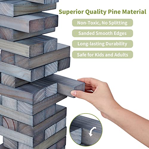 ApudArmis Giant Tumble Tower Stack to Over 5Ft, 56 PCS Pine Wooden Stacking Timber Game with 1 Dice Set - Classic Block Giant Outdoor Game (7.48 * 2.48 * 1.5 in Each Block, Gray) - color: Gray, size: XL-Over 5FT