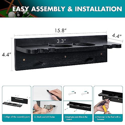 XCSOURCE Bamboo Pool Cue Holder Wall Mount, 4 Cue Rack with Ball Rack & Drink Holder, Black, 15.7 x 4.3 x 4.3 Inches - color: Black, 4 Pool