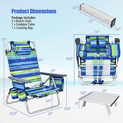 Tangkula Backpack Beach Chair with Table, 5-Position Lay Flat Beach Chairs with Cooler Bag, 2 Cup Holders, Towel Bar, Lightweight Low Folding Beach Chair with Backpack Straps - color: Blue, style: 2 Pack with Table
