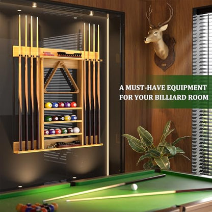 Wall Mounted Pool Cue Rack, Bamboo Billiards Sticks Holder for 8 Cue Sticks, Organizes Full Set of Balls and Pool Table Accessories - color: Bamboo