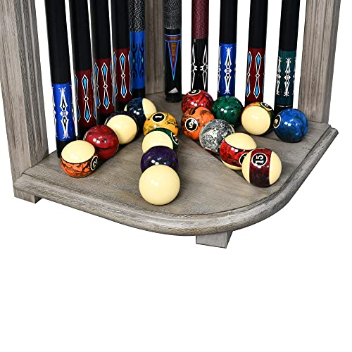 CROWN ME Deluxe Corner Floor Cue Rack, Pool Cue Holder - Smoky Finish, Solid Hardwood, Holds 10 Cues, 16.5-in W x 16.5-in D x 28-in H
