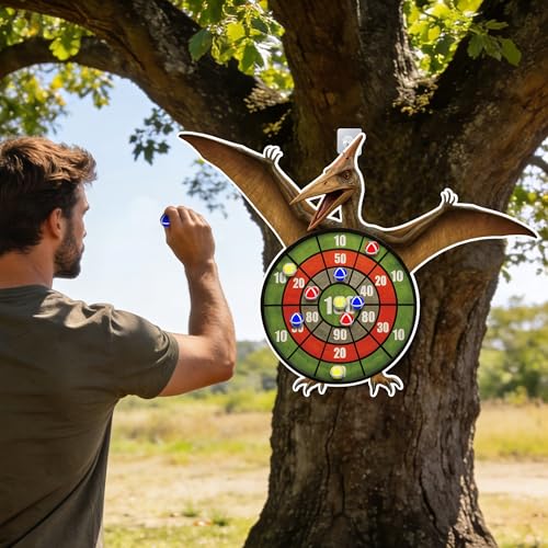 Pterosaur Dinosaur Themed Toss Game Banner with 12 Sticky Balls, 30” Large Dino Dart Board for Indoor Outdoor Games Birthday Party Supplies