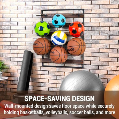 MyGift 9 Hook Industrial Black Metal and Rustic Burnt Solid Wood Wall Mounted Sports Balls Display, Gym or Garage Storage for Basketball Volleyball Soccer Ball Holder Rack