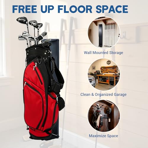 Wall Mount Golf Bag Storage Stand Organizer Rack for Garage, Adjustable Retractable Golf Bag Storage Rack with Protective Hook for Garage, Space-Saving Organizer for Golf Clubs, Home & Basement