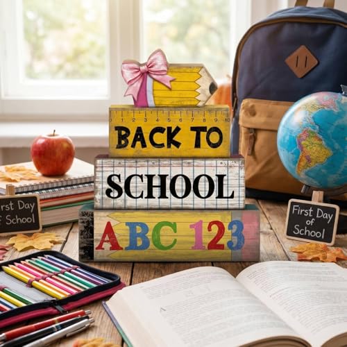 Lineshading 4 Pcs Back to School Table Decorations Wooden Pencil Stacked Block Decor, "ABC 123" Signs with Pencil Topper, Rustic Back to School Tiered Tray Decoration for Home Classroom Teacher Desk - style: Back to School 2