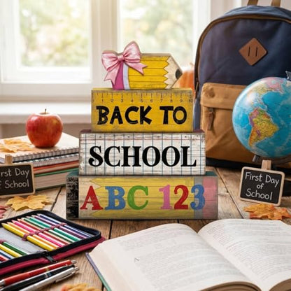 Lineshading 4 Pcs Back to School Table Decorations Wooden Pencil Stacked Block Decor, "ABC 123" Signs with Pencil Topper, Rustic Back to School Tiered Tray Decoration for Home Classroom Teacher Desk - style: Back to School 2
