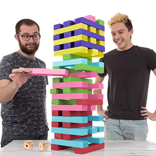 HEY! PLAY! Nontraditional Giant Wooden Blocks Tower Stacking Game with Dice, Outdoor Yard Game, for Adults, Kids, Boys and Girls (Rainbow Color) - color: Multi