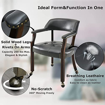 Set of 4 Dining Chair with Casters, Accent Captains Leather Chairs with Wheels & Arms,Wheeled Roller Wood Chairs for Kitchen & Game Poker Table,rCherry&Black 1533BK(NO Table!) - color: Cherry&black