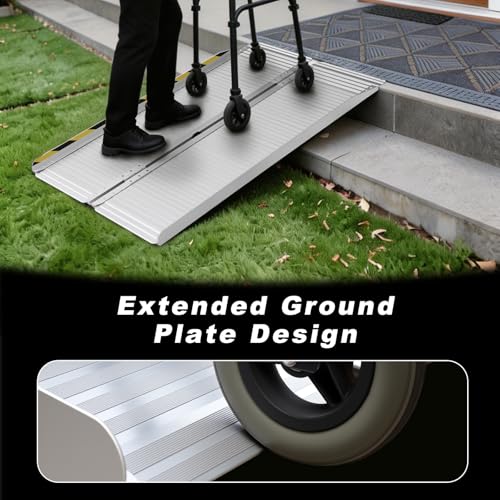 BEJONI 5FT Folding Wheelchair Ramp, 29" Wide, Portable with Handle, Sliver | Aluminum Folding Handicap Ramp, 600 Lbs Capacity Non-Skid Wheelchairs for Home Steps, Thresholds, Doorways, Front Porch - size: 4-Fold 5FT x 29'' W