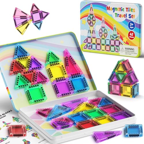 Magnetic Tiles Travel Toys for Kids 4-8, 42PCS Candy Color STEM Building Blocks with Visual Storage Guide & Metal Case, Airplane Activities & Toddler Travel Essentials Ages 3-5 - style: Magnetic Tiles Travel Construction Set - 42PCS