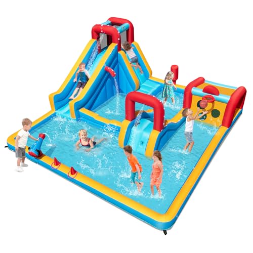 BOUNTECH Inflatable Water Slide Park, 9-in-1 Mega Water Bounce House Bouncy Castle w/2 Large Splash Pools, Basketball, Blow up Water Slide Inflatables for Big Kids Aged 3-12 Backyard Party Gifts - style: Without Air Blower