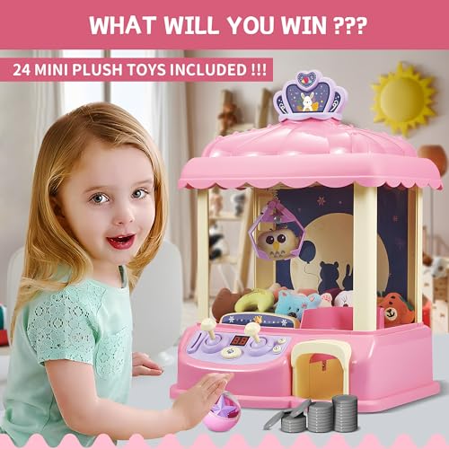 Kids Claw Machine Arcade Toy for Girls Ages 8 to 13 Mini Prize Grabber Candy Dispenser with LED Lights Adjustable Volume USB Powered or Battery Operated Birthday Gift for Kids