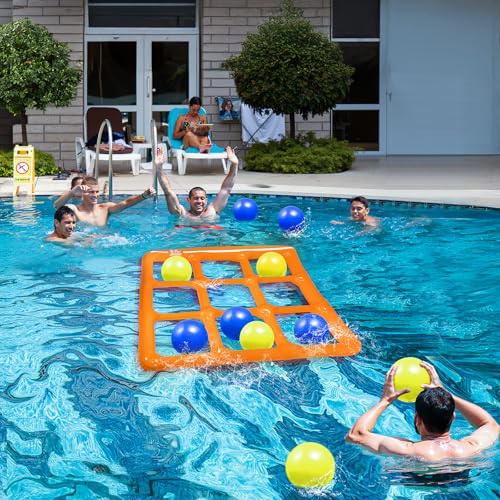 TicTac Shot Pool Toys Games Set- Tic Tac Toe Inflatable Pool Toy with 10 Balls - for Adults Teens Kids 2-10 Players - color: Orange