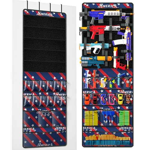 Over Door Toy Gun Storage, Hanging Organizer for Toy Guns, Toys Organizer with Pockets, Hook&Loop Straps for Foam Blasters, Darts, Goggle, Toys Storage Door Hanger for Kidroom, Gameroom - color: Blue Red