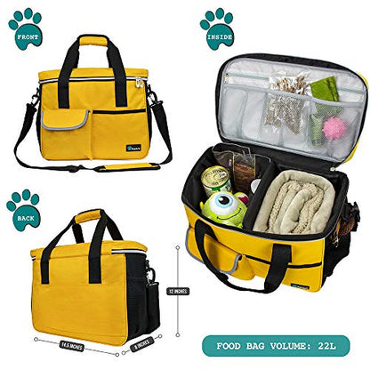PetAmi Dog Travel Bag Organizer, Pet Travel Kit with 2 Food Containers & 2 Collapsible Dog Bowls, Pet Supplies Tote with Luggage Sleeve, Weekend Road Trip Camping Essentials, Yellow, Medium - color: Yellow, size: Medium - 14.5"L x 8"W x 12.0"H