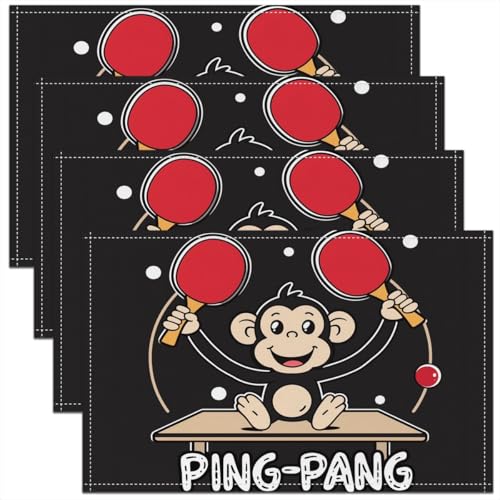 Erosebridal Cute Ping-Pong 12x18 Inch Placemats Set of 4, Kawaii Monkey Zoo Place Mat for Kids Boys Girls, Ball Sport Games Oil Proof for Dining Kitchen Table, Black White Animal Table Mats - color: Black Red
