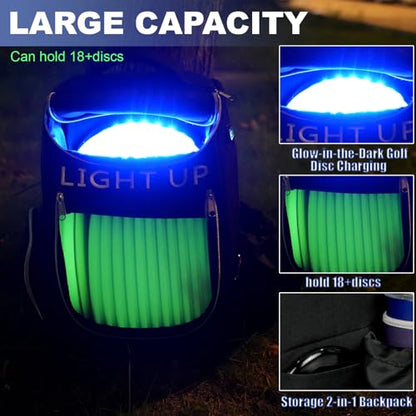 X-UFO Disc Golf Backpack & Glow-in-the-Dark Disc Light, Day & Night Dual Use Portable Beginner Glow Disc Golf Bag, Holds 18+ Discs