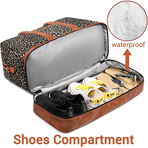 Weekender Bag for Women, Large Overnight Bag Canvas Travel Duffel Bag Carry On Tote with Shoe Compartment 21" 3Pcs Set - color: A02-brown+brown leopard