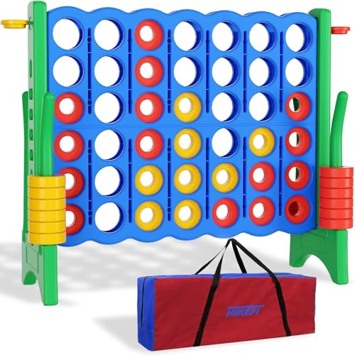 Giant 4 in a Row Game with Quick-Release Slider & Cup Holders, 43" Tall x 46.5" Wide Jumbo Yard Game, 46 Rings & Heavy-Duty Carrying Bag, Perfect for Parties and Camping - color: Blue+Green