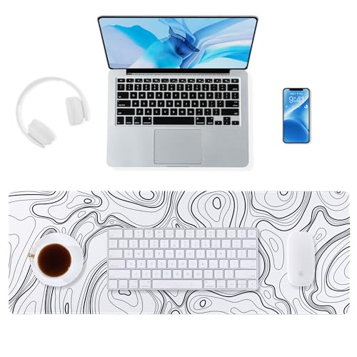 ALOANES Waterproof Mouse Pad with Durable Stitched Edge, Gaming Keyboard, Non-Slip Rubber Base, Extended Desk pad for Gamer, Office& Home, White Topographic Map Mousepad XL(31.50"x11.81"x0.12") - color: 02- Topographic Map White, size: XL(31.5" x 11.8")