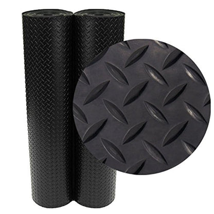 Rubber-Cal Diamond-Plate Rubber Flooring Roll - 3 mm x 4 ft x 7 ft Roll - Black - size: 84"L x 48"W x 0.1"Th