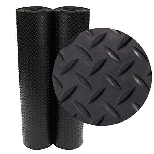 Rubber-Cal Diamond-Plate Rubber Flooring Roll - 3 mm x 4 ft x 8 ft Roll - Black - size: 96"L x 48"W x 0.1"Th
