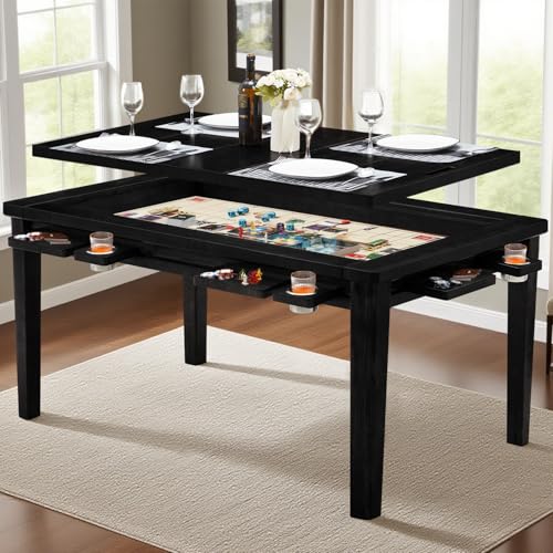 Haddockway 63" ×39“ Board Game Table with Removable Top, Solid Wood Dining/Gaming Table for 4-6 Players with Play Mat, 6 Detachable Cup Holders & 6 Hobby Trays (Black) - color: Black