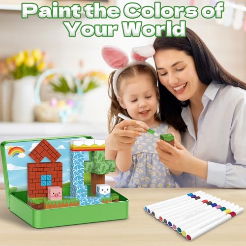 Intoypad Magnetic Blocks Painting Travel Toys for Kids, 48PCS Magnetic Building Blocks with 12 Paint Pens & Iron Box Art Craft Kits Magnet Blocks Cube Birthday Gifts for Boys Girls Road Trip Car Games