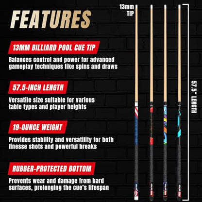 Prosniper Premium Pool Sticks Set of 4 | 58-Inch, 19-Oz Canadian Maple Pool Cue with Low-Deflection Shaft & 4 Extra Chalks | Pro-Grade Billiard Cue for Home & Bar Play - color: Multicolor