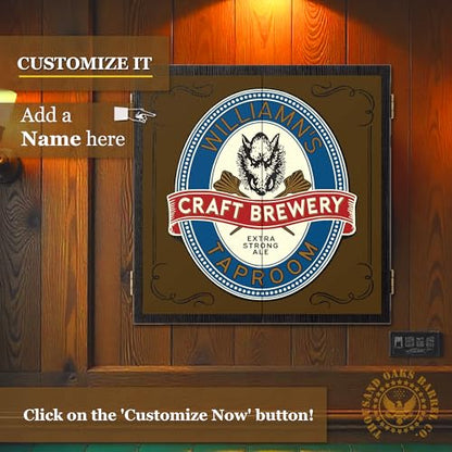 Personalized Dart Board Cabinet Set with 6 Steel Tip Darts, Paper Dartboard, Chalk & Eraser (21.5 x 21.5 x 2.75) - Man Cave Dart Boards for Adults - style: Craft Brewery Taproom