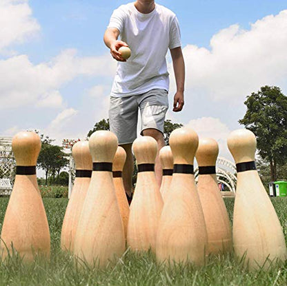 Long game NI-ROU Outdoor Giant Lawn Bowling Games Rubber Wooden Lawn Set Fun Sports Games Outside or Indoor for Family Adults and Kids Backyard Skittles Carrying Bag with 10 Pins and 2 Balls - size: Large
