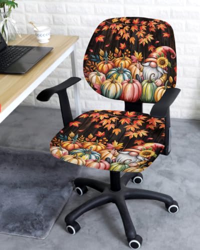 Savannan Office Chair Cover, Autumn Pumpkin Gnome on Brown Wood Protective Stretch Elastic Universal Cover for Desk Task Chair,Computer Rotating Chair 1 Pcs Maple Leaf