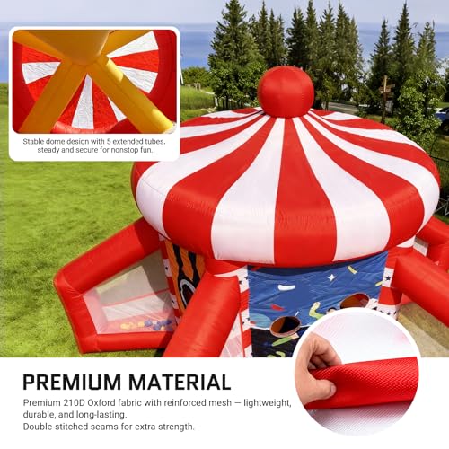 OZIS 5-in-1 Inflatable Carnival Game with Blower, Portable Basketball Hoop, Axe Throw, Soccer Target, Ring Toss, Tic-Tac-Toe for Backyard and Party, White & Red