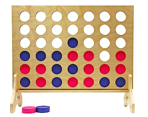 Giant 4 in a Row Game for Family & Adults – Tailgating Pros Jumbo Natural Wooden Four in a Row Indoor Outdoor Yard Game for Family Party Fun, Portable Activities for Patio, Backyard, and Camping - color: Blue / Pink