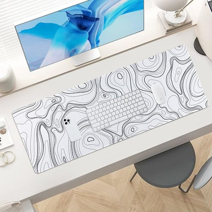 ALOANES Waterproof Mouse Pad with Durable Stitched Edge, Gaming Keyboard, Non-Slip Rubber Base, Extended Desk pad for Gamer, Office& Home, White Topographic Map Mousepad XL(31.50"x11.81"x0.12") - color: 02- Topographic Map White, size: XL(31.5" x 11.8")