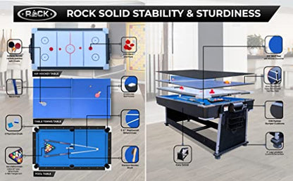 RACK Triad 7-Foot 3-in-1 Multi-Game Swivel Table - Billiards/Pool, Table Tennis & Air Hockey - color: Blue Felt With Black Body