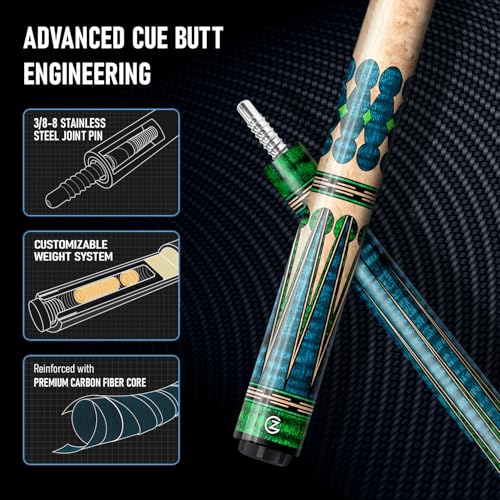 Z LUK Carbon Fiber Pool Cue Stick, Low Deflection Billiard Cue Sticks 12.5mm Tip, Professional Pool Stick for Adults with 3/8-8 Stainless Steel Joint - color: Emerald Pulse (Wrapless)