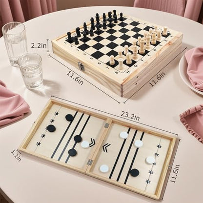 4 in 1 Wooden Fodable Fast Sling Puck Game Set – Chess, Tic Tac Toe, Checkers Board Game for Kids & Adults, Portable Tabletop Family Toy for Travel & Game Night