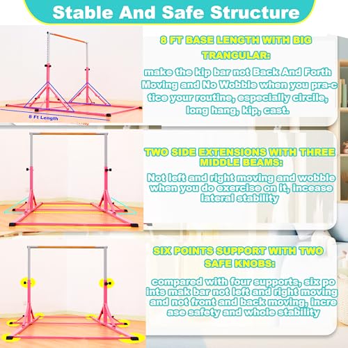 Marfula Gymnastic Bar For Kid and Teenage of 3-25, 5Ft/8 FT Base Length 4Ft Width 5Ft Adjust Height, Gymnastic Kip Bar For Gymnast, Gymnastic Training Equipment For Professional Training Home Club Use - color: Pink (Bar with Mat - 8 Ft Base)