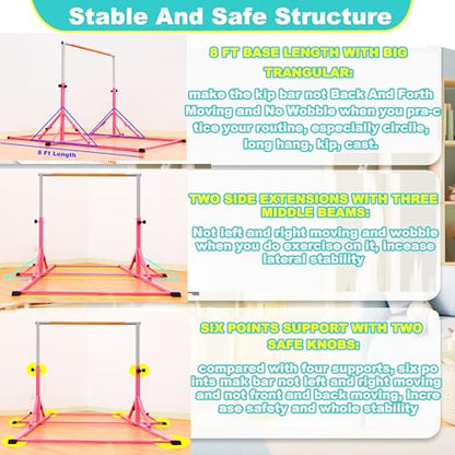 Marfula Gymnastic Bar For Kid and Teenage of 3-25, 5Ft/8 FT Base Length 4Ft Width 5Ft Adjust Height, Gymnastic Kip Bar For Gymnast, Gymnastic Training Equipment For Professional Training Home Club Use - color: Pink (New Style - 8 Ft Base)