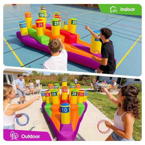 Inflatable Ring Toss Game 13Ft Triangle Ring Toss, Giant Inflatable Carnival Game with Built-in Blower, 210D Oxford Fabric Portable Sport Game for Backyard, Camping, Carnival, Family Party