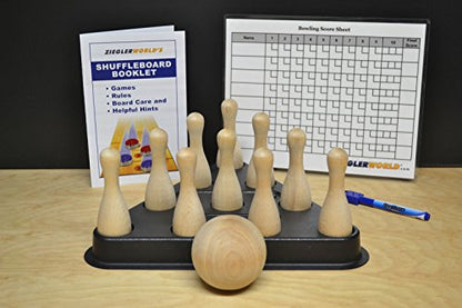 Table Shuffleboard Bowling Brown Pins - Pinsetter - Booklet - Score Chart & Wood Ball