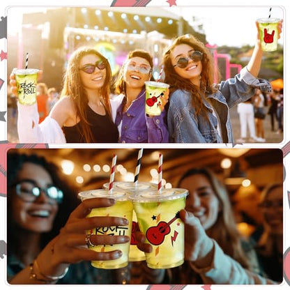Newtay 60 Pcs Rock and Roll Cups Bulk 12oz Guitar-themed Plastic Cups with Lids Straws Retro Music Party Favors for Birthday Baby Shower Music Parties Decorations - style: Rock