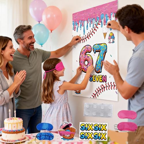 67 Meme Themed Pin the Tail Party Game, Birthday Donut Design with Blindfolds and Stickers, 70x52cm