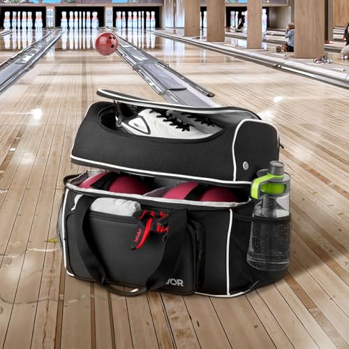 VEVOR Bowling Ball Bag, 2-Ball Bowling Bag with Wheels, Featuring a Separate Compartment for Shoes (Up to US Size 16) & Oversized Accessory Pocket, Retractable Handle Extends to 41.32 in