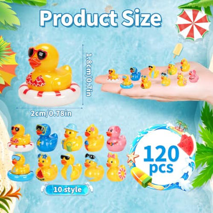 120 Pcs Summer Mini Resin Ducks 10 Styles Hawaii Beach Tiny Cruise Ducks to Hide Miniature Duck Figurines for Summer Swimming Pool Party Cruise Ship Game DIY Craft Cake Aquarium Desktop Decor - style: 120Pcs-Summer Ducks