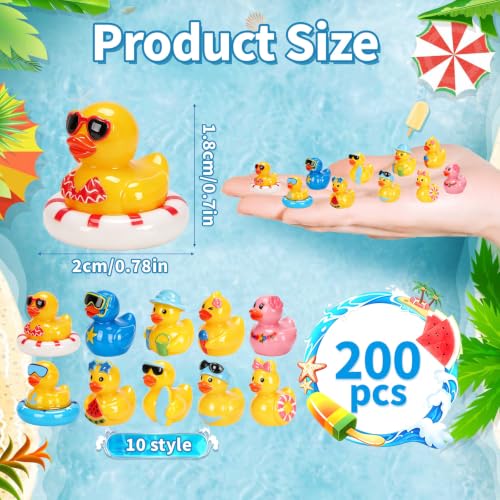 200 Pcs Summer Mini Resin Ducks 10 Styles Hawaii Beach Tiny Cruise Ducks to Hide Miniature Duck Figurines for Summer Swimming Pool Party Cruise Ship Game DIY Craft Cake Aquarium Desktop Decor - style: 200Pcs-Summer Ducks