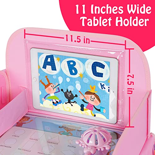 MENZOKE Kids Travel Tray, Car Seat Table Tray, Road Trip Essentials with Educational Drawing Board, Tablet Holder & Cooler Cup Holder, Travel Table for Kids Gifts in Car, Airplane, Multicoloured - color: Magic Pink