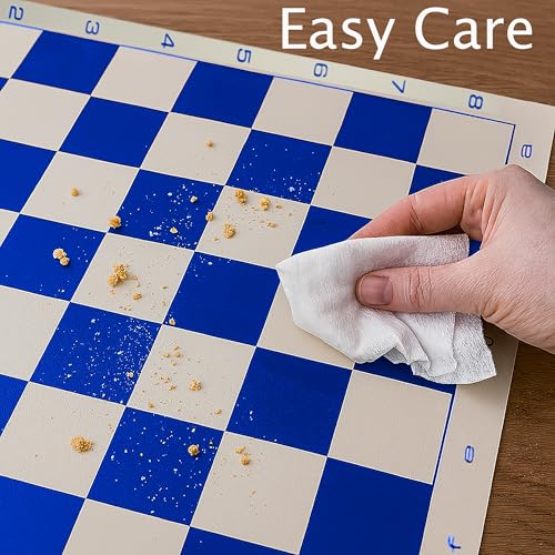 Sterling Games Extra Large 20" x 20" Roll Up Chess Mat and Pieces Set, Standard Tournament Chess Set with Blue Vinyl Portable Travel Mat and Single Weight Chess Pieces - style: Blue